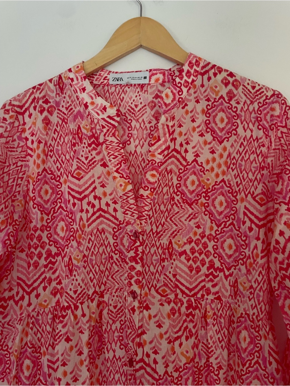 ZARA Pink Boho Print Tiered Midi Dress | Size M | 100% Cotton | 3/4 Sleeve - Picture 3 of 6